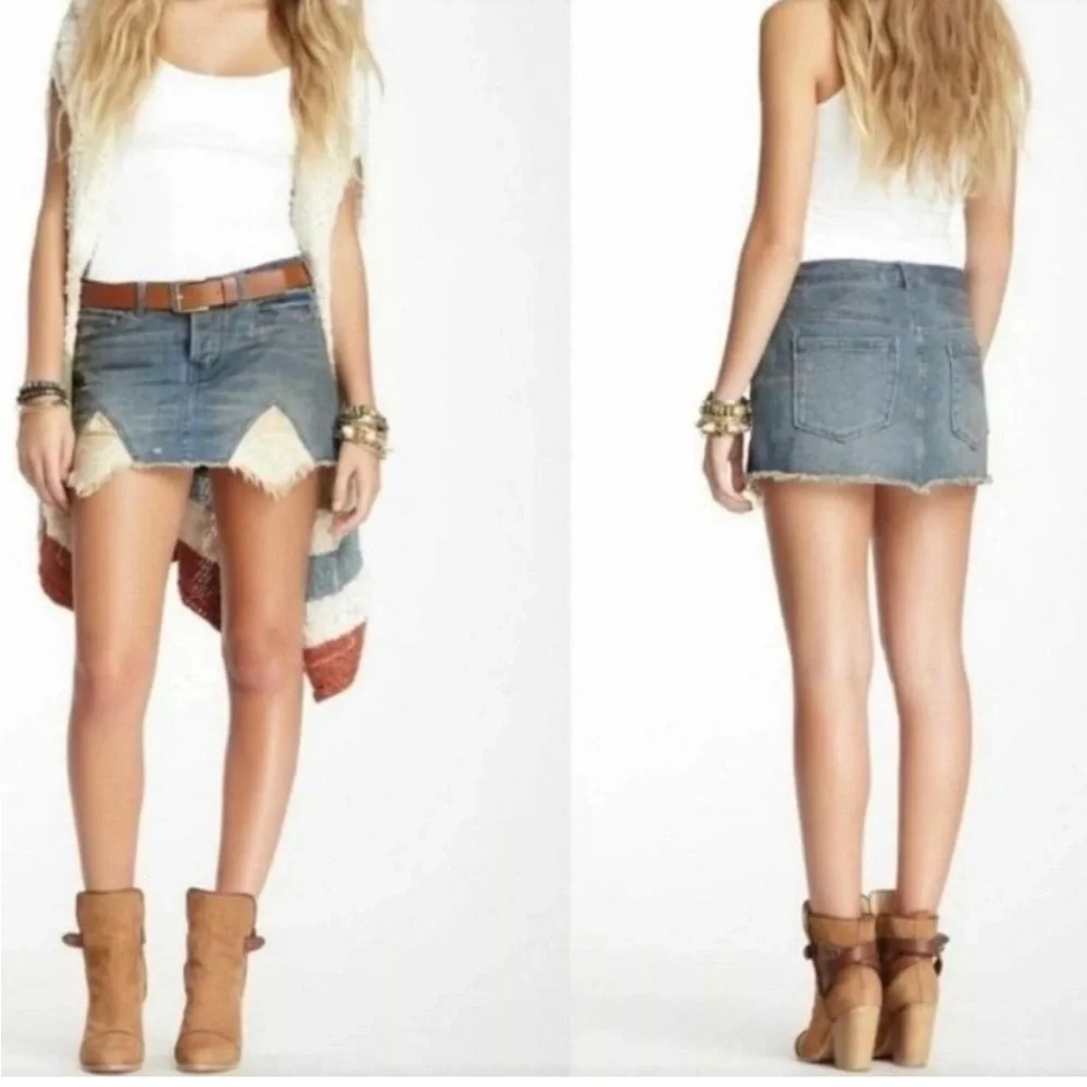 FREE PEOPLE TIRE SWING Handkerchief Hem Jean Mini Skirt Rugged SZ 4 NWT - Picture 2 of 16